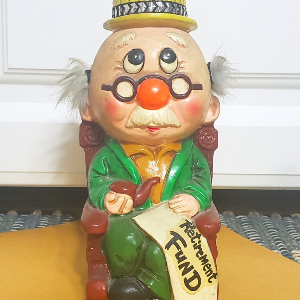 Vintage Ceramic Chalkware Retirement Old Guy Grandpa Fund Piggy Bank